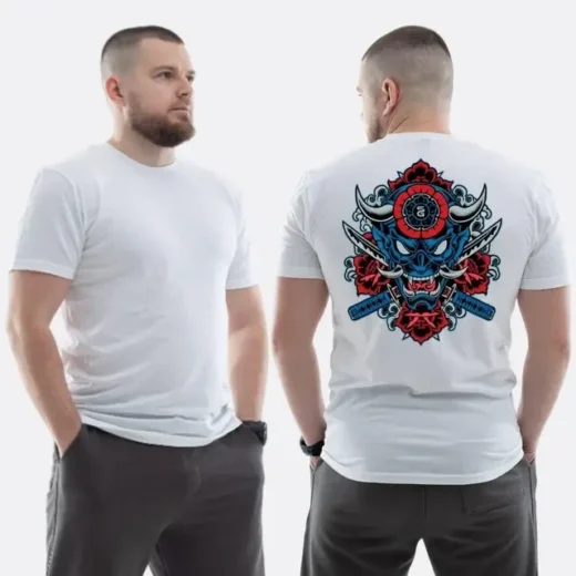 Футболка PrintBro ЗСУ з принтом Маска вони з рогами мечі катана квіти