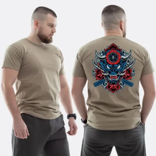 Футболка PrintBro ЗСУ з принтом Маска вони з рогами мечі катана квіти