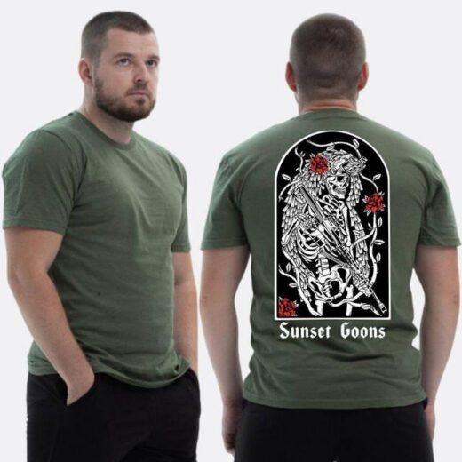 Футболка PrintBro ЗСУ з принтом Sunset Goons Скелет снайпер та троянди