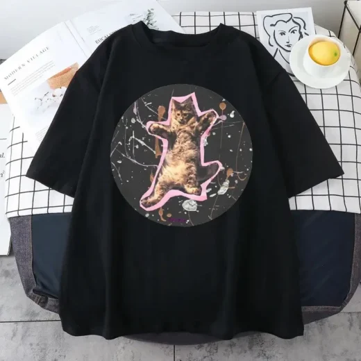 Жіноча оверсайз Футболка PrintBro з принтом Котика Чорний