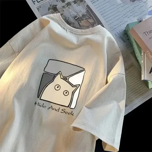 Жіноча стильна оверсайз Футболка PrintBro з принтом Котик Бежевий